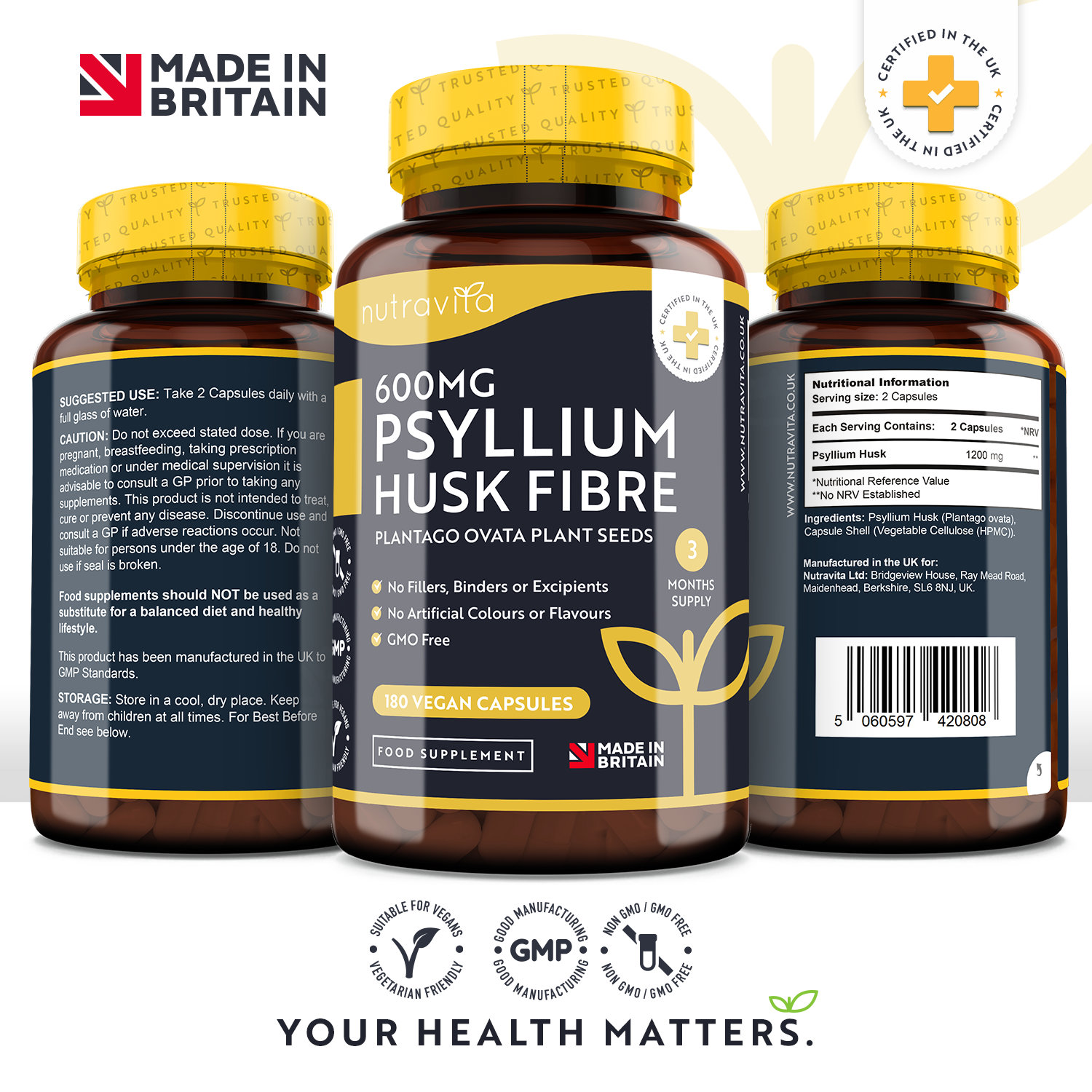 Psyllium Husk Fibre 700mg - 180 Vegan Capsules