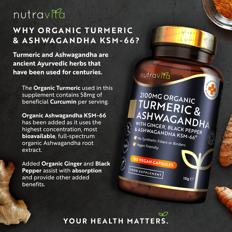 Organic Turmeric 2100mg & Ashwagandha KSM-66 ® with Ginger & Black Pepper - 180 Vegan Capsules