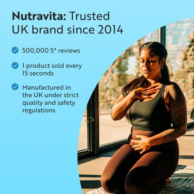Promotional graphic for Nutravita featuring a woman kneeling indoors near large windows, with text on a light blue background stating it is a trusted UK brand since 2014, with 500,000+ reviews and UK manufacturing quality claims.