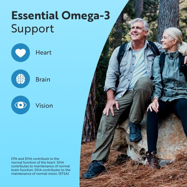 Promotional graphic for Essential Omega-3 Support, featuring a light blue left side with text and icons for heart, brain, and vision, and a photo of a smiling couple hiking in a forest on the right.