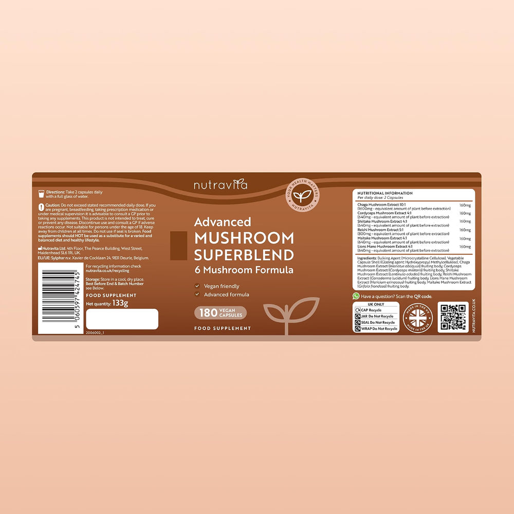 A rectangular brown product label for NutraVita Advanced Mushroom Superblend, shown against a solid peach background. The label includes product details, ingredients, nutritional information, and a QR code.