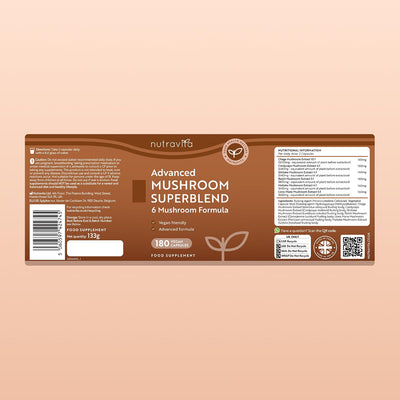 A rectangular brown product label for NutraVita Advanced Mushroom Superblend, shown against a solid peach background. The label includes product details, ingredients, nutritional information, and a QR code.