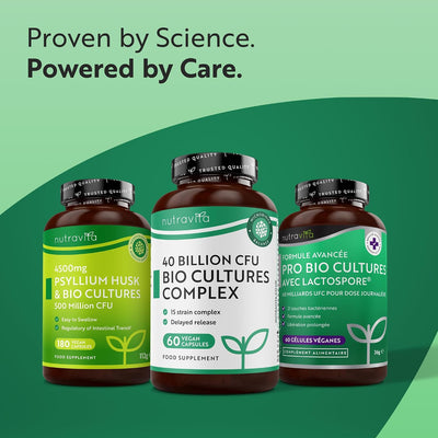 Three Nutravita dietary supplement bottles displayed against a green gradient background with promotional text. The bottles are dark amber brown with black caps, featuring green and white labels for 'Psyllium Husk & Bio Cultures', 'Bio Cultures Complex', and 'Pro Bio Cultures'.