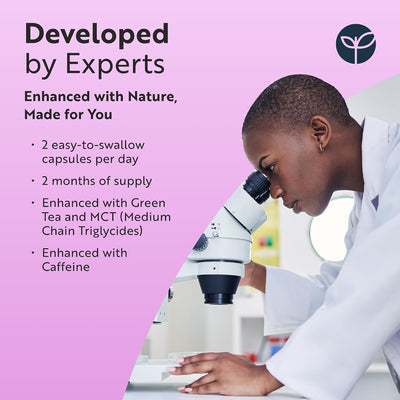 Person in a lab coat using a microscope with promotional text on a pink background