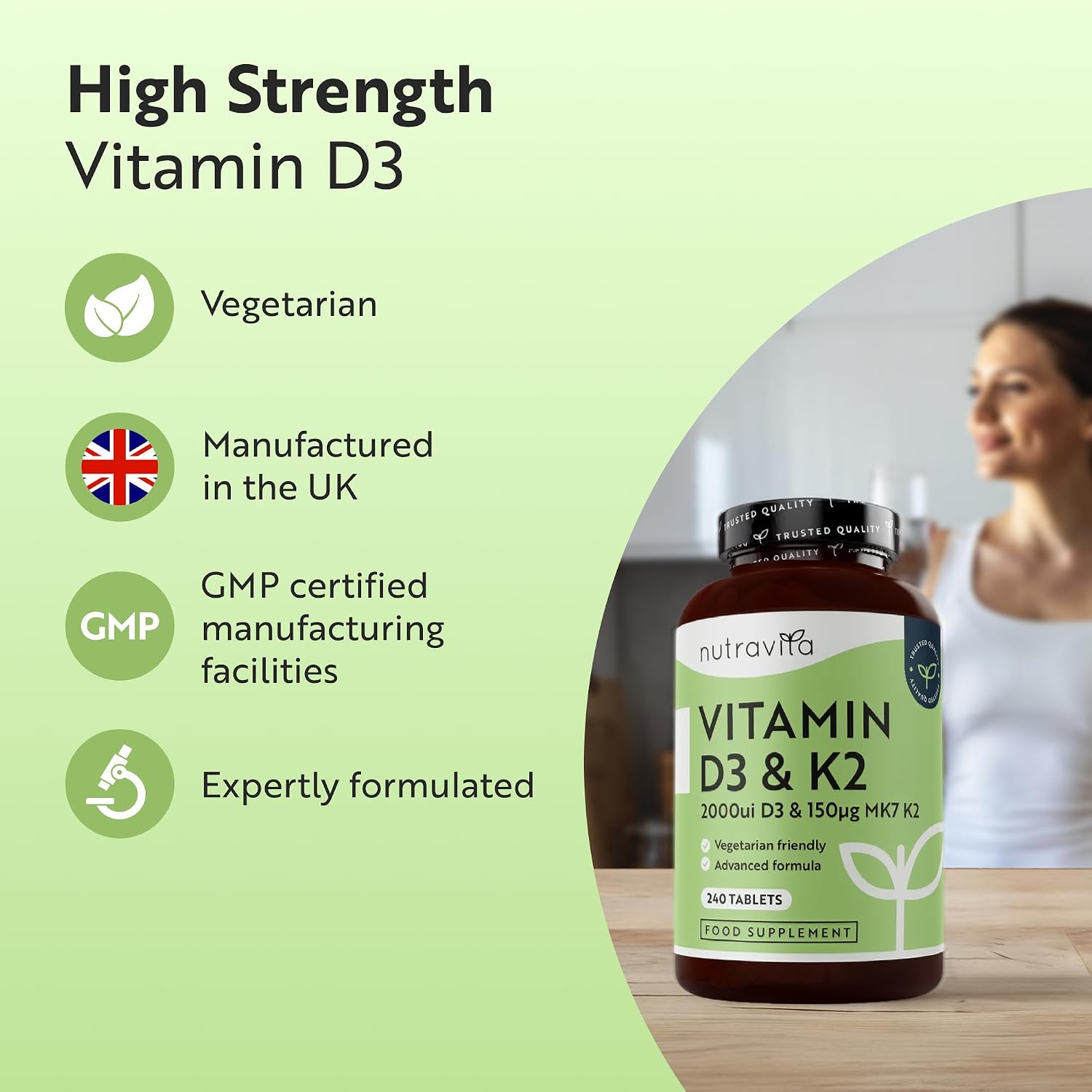 Vitamin D3 2000 IU & K2 150µg MK-7 | 240 Tablets | Nutravita
