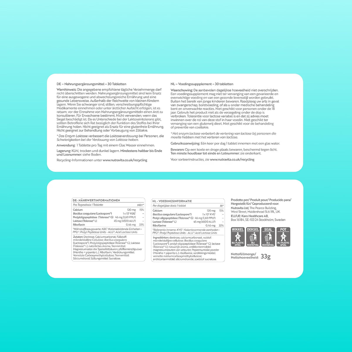 Two white rectangular product information panels with German text, shown on a light aqua background. The top panel contains product description text, and the bottom panel contains nutrition facts, ingredients, and allergen information.