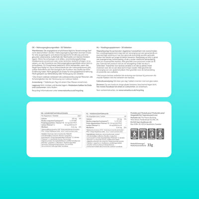 Two white rectangular product information panels with German text, shown on a light aqua background. The top panel contains product description text, and the bottom panel contains nutrition facts, ingredients, and allergen information.