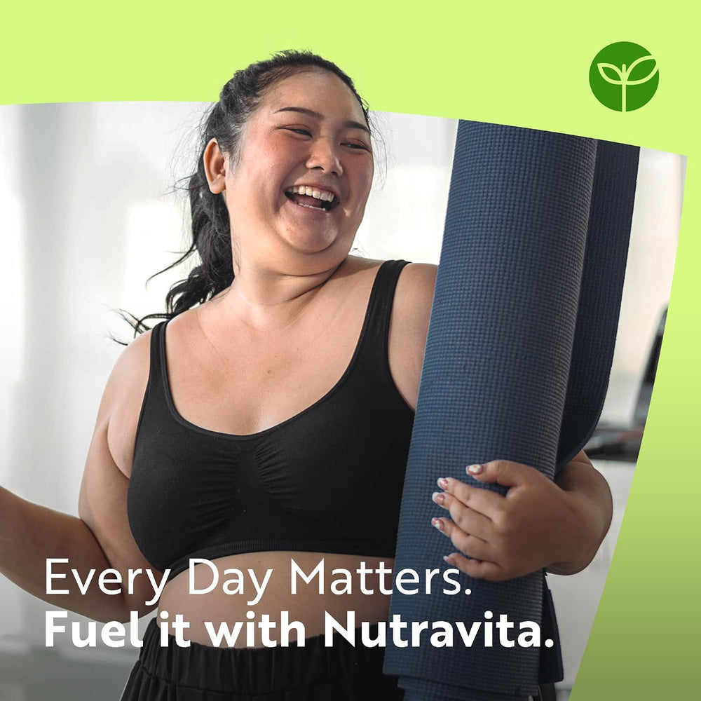 Woman holding a yoga mat with Nutravita branding and promotional text.