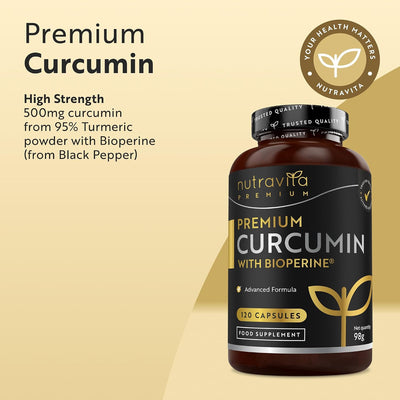 Nutravita Premium Curcumin supplement bottle on a beige background