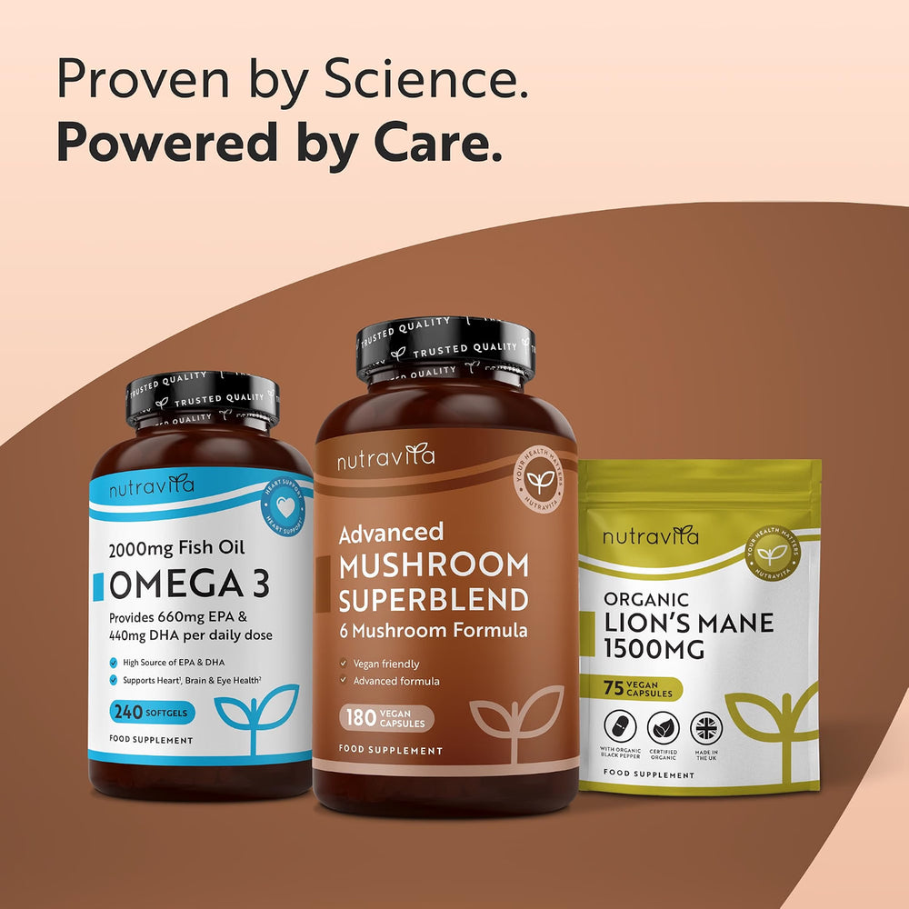 Three Nutravita dietary supplement products arranged on a warm beige and brown graphic background with the headline 'Proven by Science. Powered by Care.