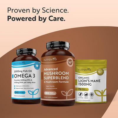 Three Nutravita dietary supplement products arranged on a warm beige and brown graphic background with the headline 'Proven by Science. Powered by Care.