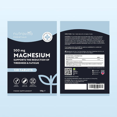 Front and back packaging of a NutraVita Essentials 500 mg Magnesium food supplement, showing the product name, directions, ingredients, and barcode on a light blue background.