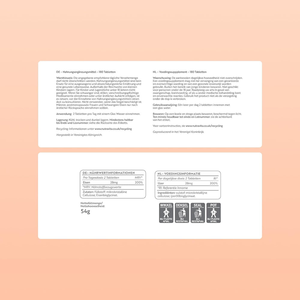 Front and back packaging of a veterinary supplement product, displayed on a solid peach background. The top card shows the German product information and active ingredients, while the bottom card displays the reverse side with dosage instructions, storage, and animal group icons.