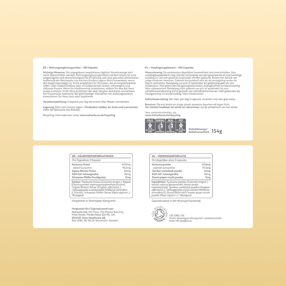 Back packaging panel of a product with German text, nutritional information, and logos, shown on a pale beige background.