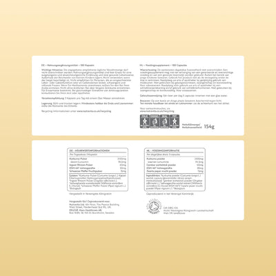 Back packaging panel of a product with German text, nutritional information, and logos, shown on a pale beige background.