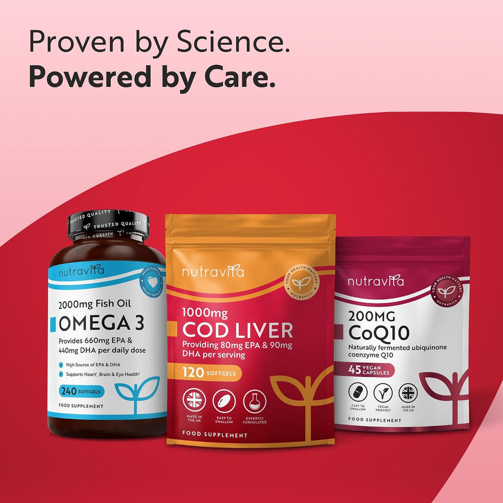 Three Nutravita food supplement packages on a pink and red gradient background with the text 'Proven by Science. Powered by Care.