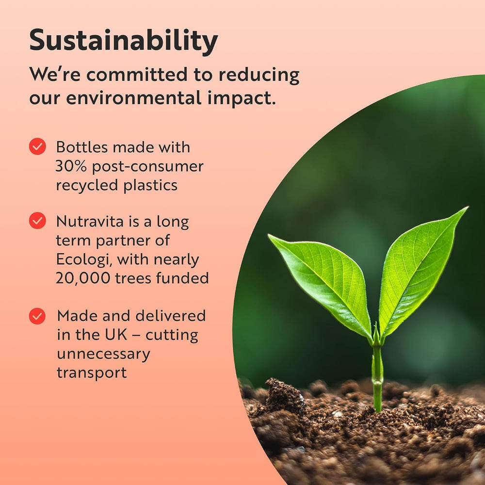 Sustainability promotional graphic with text about reducing environmental impact, recycling plastics, Ecologi tree funding, and UK delivery, alongside a circular inset photo of a green seedling in soil.