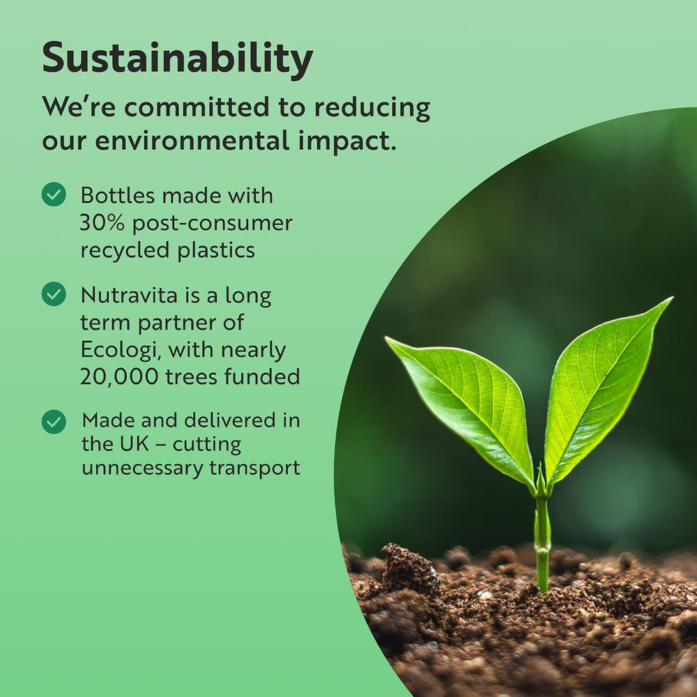 Sustainability promotional graphic with text about reducing environmental impact, recycled plastics, Ecologi partnership, and a green leaf sprig in soil on a light green background.