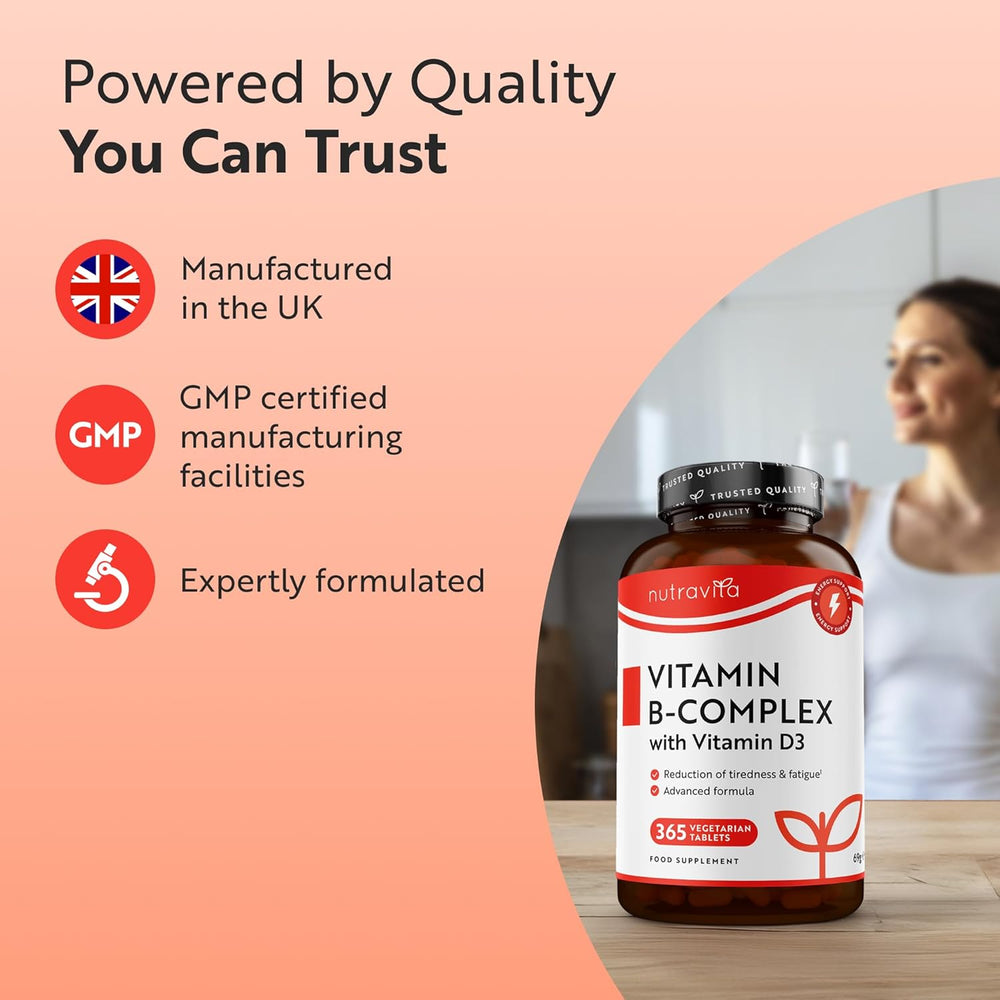 Nutravita Vitamin B-Complex with Vitamin D3 bottle on a peach background with text about quality.