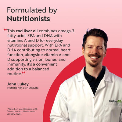 Promotional graphic for a cod liver oil supplement featuring a smiling nutritionist, John Lukey, on the right, and text on the left explaining the product's ingredients and benefits. The background is a soft pink with a large red abstract shape behind the text.