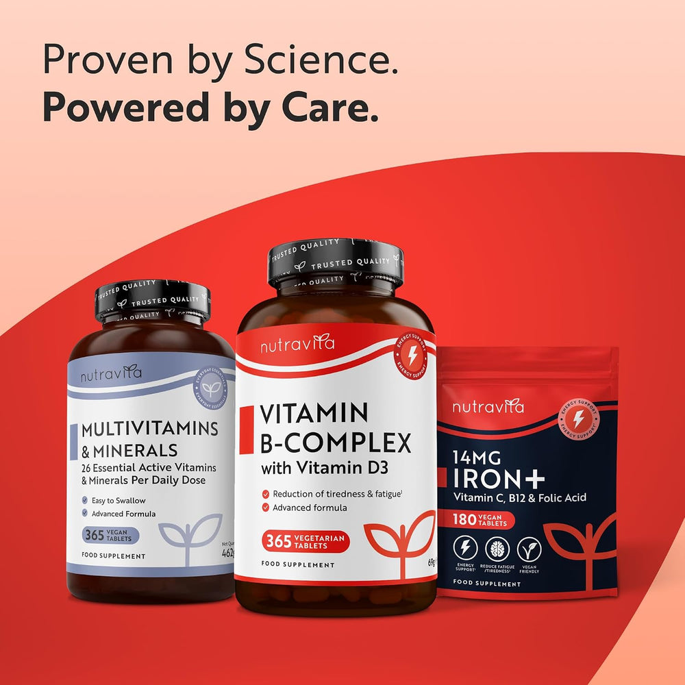 Three Nutrivita dietary supplement products arranged on a red and peach background with the headline 'Proven by Science. Powered by Care.