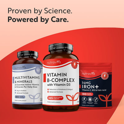 Three Nutrivita dietary supplement products arranged on a red and peach background with the headline 'Proven by Science. Powered by Care.