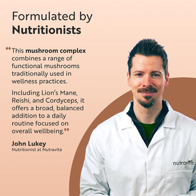 Promotional graphic featuring a man in a white lab coat with the Nutravita logo, next to a quote about mushroom complexes formulated by nutritionists, John Lukey, on a peach and brown background.