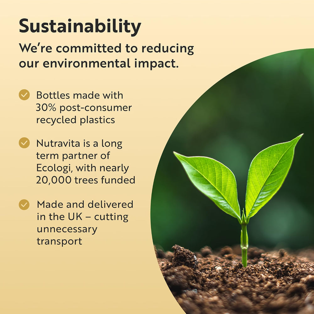 Sustainability promotional graphic with text about reducing environmental impact, recycled plastics, Ecologi partnership, and UK delivery, alongside a circular inset photo of a green seedling in soil.