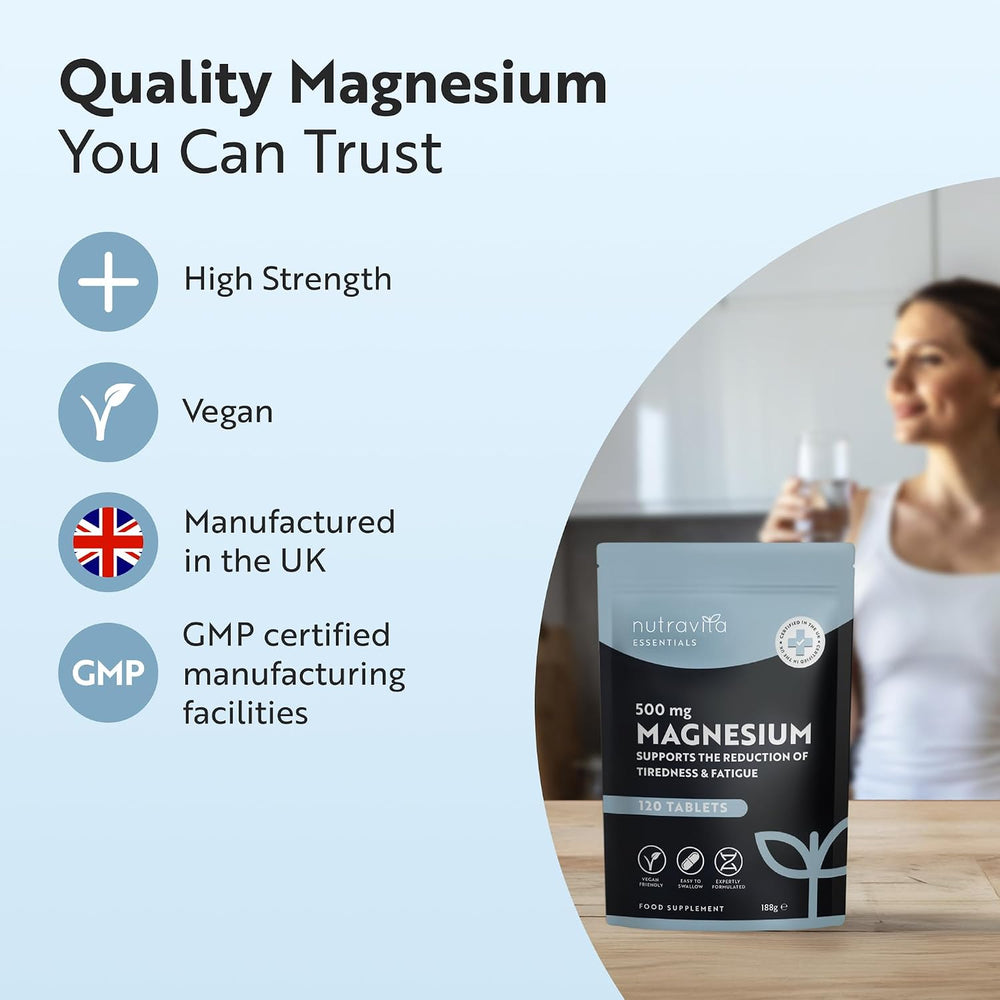 A product advertisement for NutraVita Essentials 500 mg Magnesium supplement. The image features a light blue background with text highlighting key selling points: 'High Strength', 'Vegan', 'Manufactured in the UK', and 'GMP certified manufacturing facilities'.