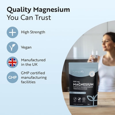 A product advertisement for NutraVita Essentials 500 mg Magnesium supplement. The image features a light blue background with text highlighting key selling points: 'High Strength', 'Vegan', 'Manufactured in the UK', and 'GMP certified manufacturing facilities'.