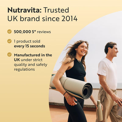 Promotional graphic for Nutravita featuring a smiling woman carrying a rolled exercise mat and a man walking beside her on a balcony. Text on the left highlights Nutravita as a trusted UK brand since 2014, with bullet points about 500,000+ reviews, one product sold every 15 seconds, and UK manufacturing quality.
