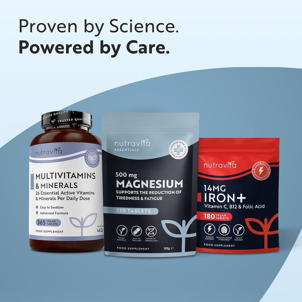 Three Nutravita Essentials dietary supplement products are displayed against a light blue and gray background with promotional text at the top. The products include a brown bottle of Multivitamins & Minerals, a dark gray pouch of 500 mg Magnesium, and a red and dark gray pouch of 14mg Iron+.