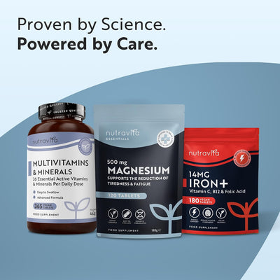 Three Nutravita Essentials dietary supplement products are displayed against a light blue and gray background with promotional text at the top. The products include a brown bottle of Multivitamins & Minerals, a dark gray pouch of 500 mg Magnesium, and a red and dark gray pouch of 14mg Iron+.