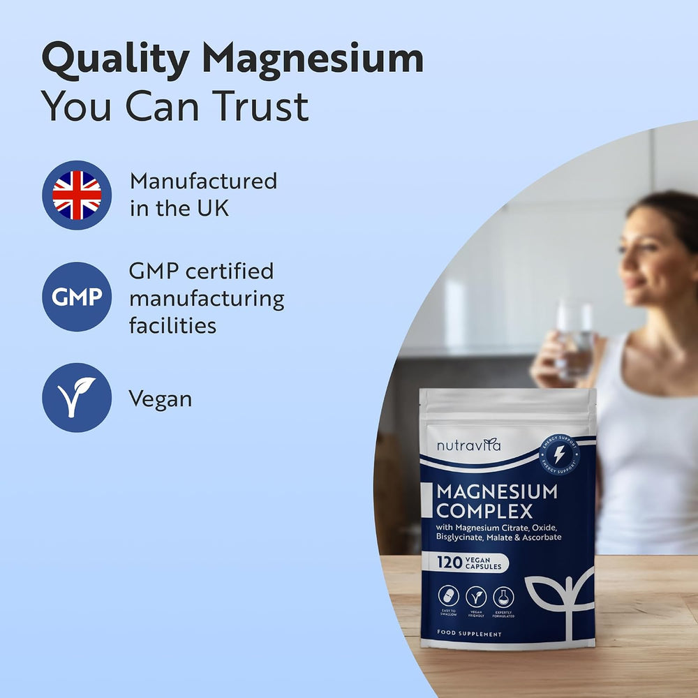 A product marketing graphic for Nutravita Magnesium Complex. The left side features a light blue background with text highlighting key selling points: 'Quality Magnesium You Can Trust', 'Manufactured in the UK' with a Union Jack icon, 'GMP certified manufacturing facilities' with a blue 'GMP' icon, and 'Vegan' with a leaf icon.
