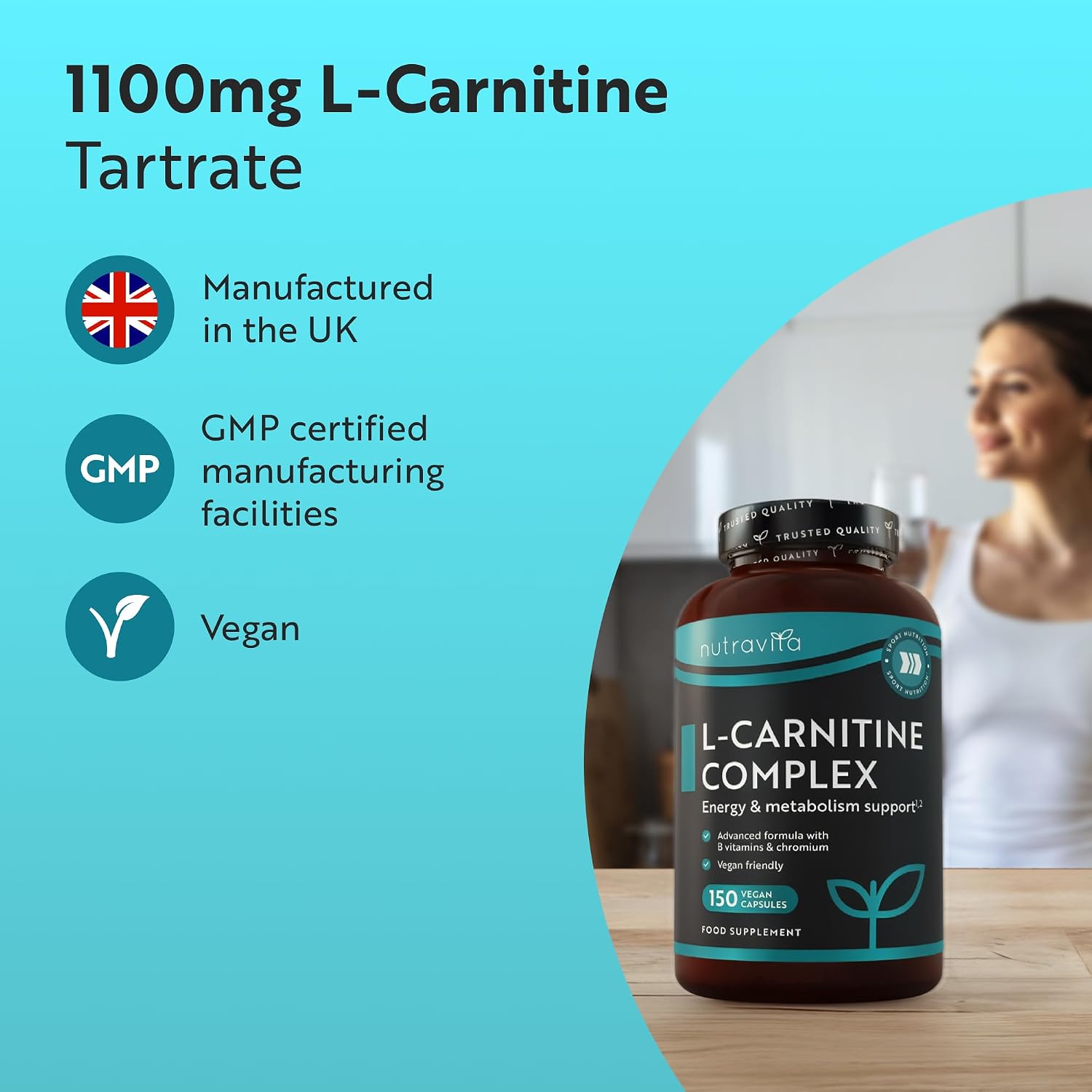 L Carnitine Capsules | 150 Vegan Capsules | Nutravita | Nutravita