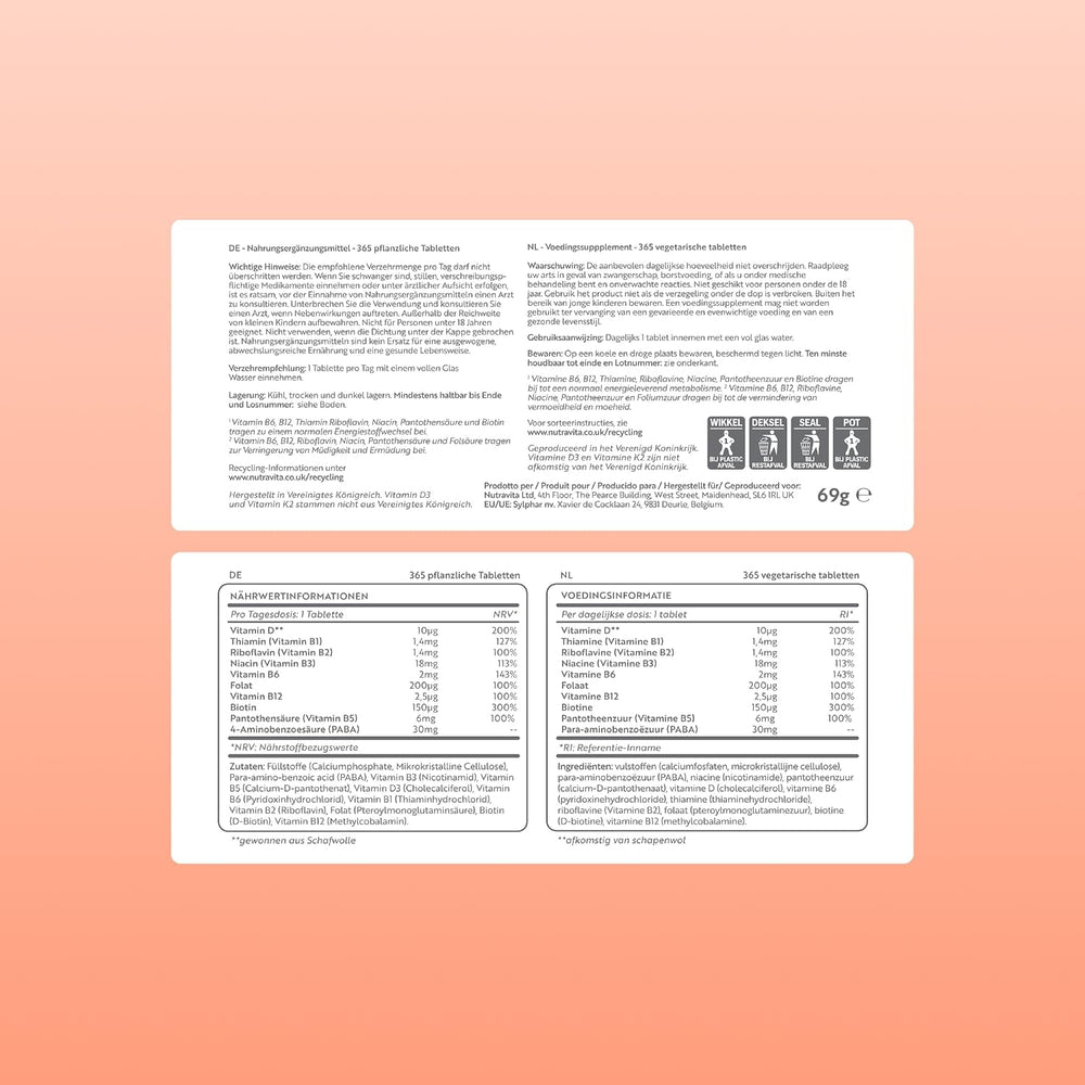 Two white rectangular label panels with dense black text and small icons, shown on a peach-to-pink gradient background. The labels appear to be supplement or dietary supplement packaging information in German, including nutrition facts, ingredients, and allergen icons.