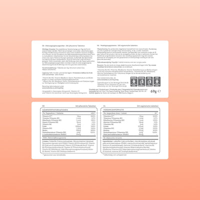 Two white rectangular label panels with dense black text and small icons, shown on a peach-to-pink gradient background. The labels appear to be supplement or dietary supplement packaging information in German, including nutrition facts, ingredients, and allergen icons.