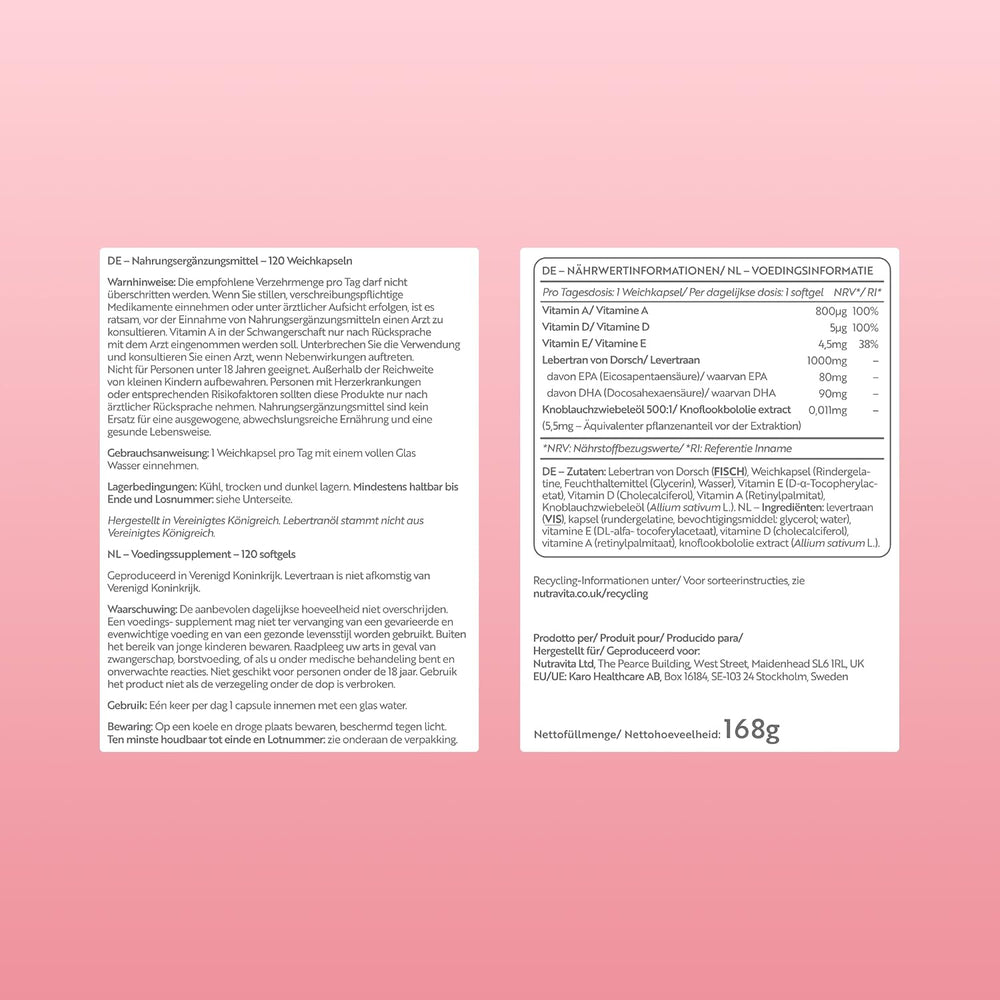 A pink package insert card displaying German and English product information for 'Herbstlöwen' by 'Pferdbrüge'. The left side features a block of German text, and the right side features a white information box with product details, ingredients, and a barcode, all set against a solid pink background.