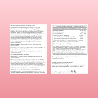 A pink package insert card displaying German and English product information for 'Herbstlöwen' by 'Pferdbrüge'. The left side features a block of German text, and the right side features a white information box with product details, ingredients, and a barcode, all set against a solid pink background.
