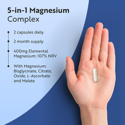 Hand holding a magnesium supplement with product details on a blue and light blue background