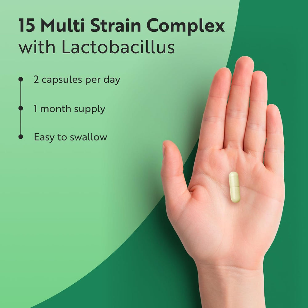 A hand holding a single capsule against a green and light green background, with text reading '15 Multi Strain Complex with Lactobacillus' and bullet points about dosage and supply.