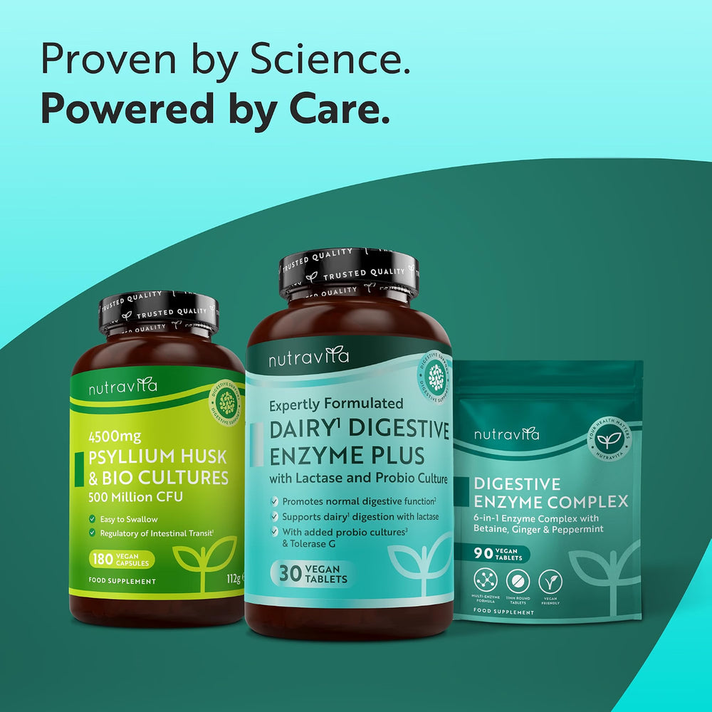 Three Nutravita dietary supplement products arranged on a teal and dark green graphic background with the headline 'Proven by Science. Powered by Care.