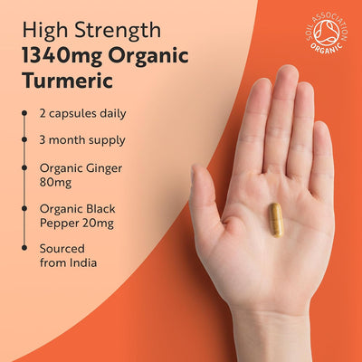 Hand holding a turmeric capsule with product details on an orange and beige background