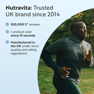 A promotional graphic for Nutravita featuring a man jogging outdoors on the right side and text on the left highlighting trust, reviews, and UK manufacturing. The product itself is not clearly isolated, so this is best classified as Lifestyle rather than Product/Packaging.