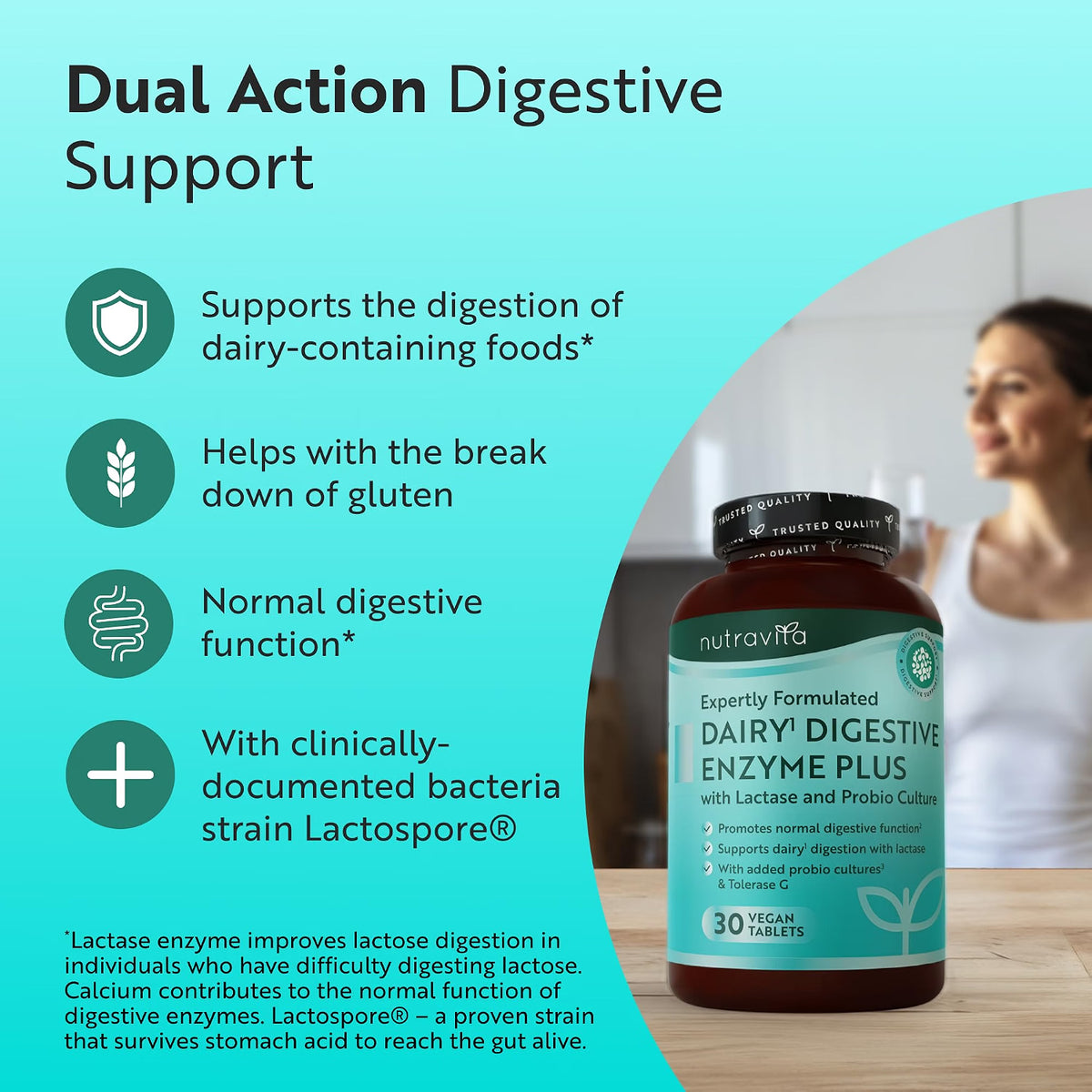 Nutraviga Dual Action Digestive Support supplement bottle shown on a teal promotional graphic with benefit callouts and a blurred woman in the background.