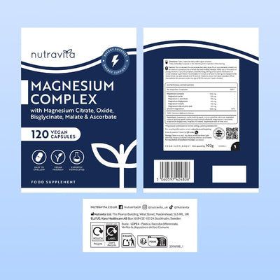 Front and back packaging of Nutravita Magnesium Complex food supplement, 120 vegan capsules, shown on a light blue background with a small white info panel below.