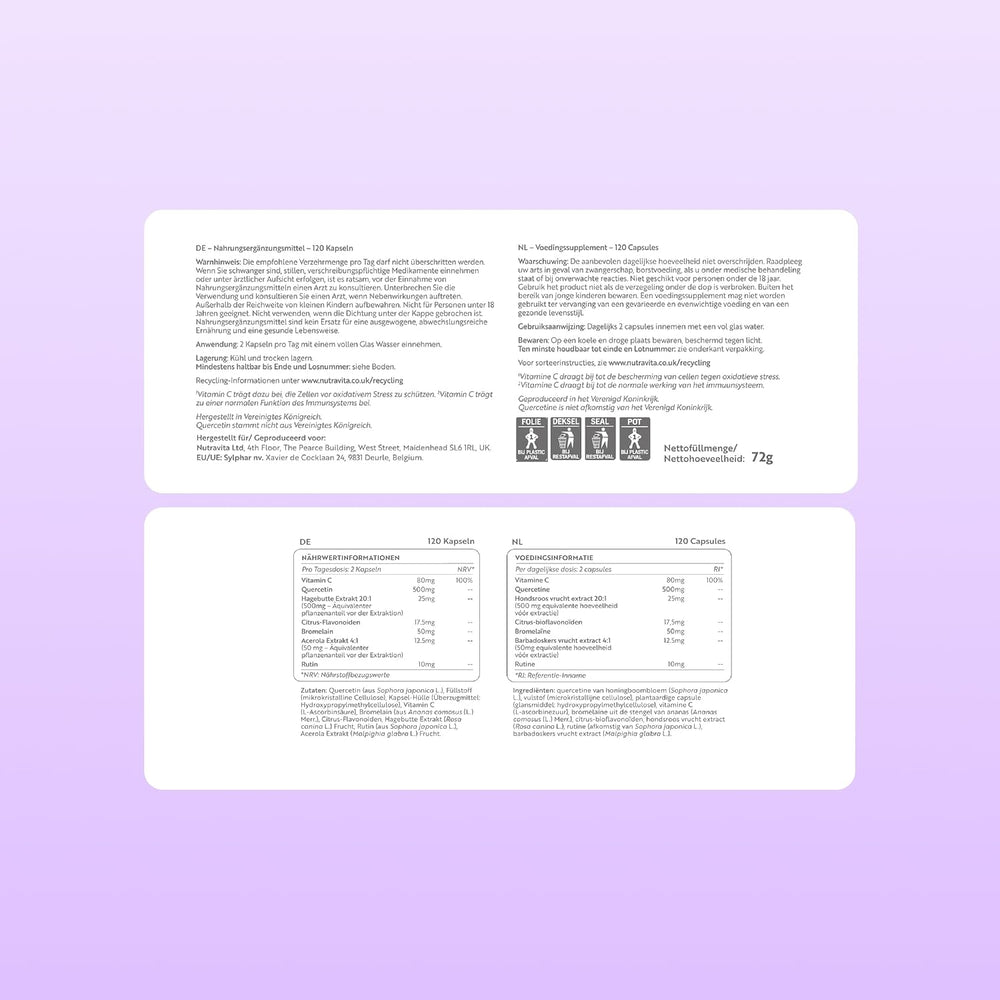 Two white rectangular product information cards with black text and small icons, shown on a light lavender background. The top card contains product details and the bottom card contains a nutrition facts panel.