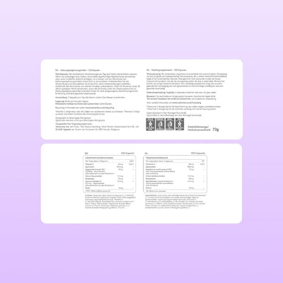 Two white rectangular product information cards with black text and small icons, shown on a light lavender background. The top card contains product details and the bottom card contains a nutrition facts panel.