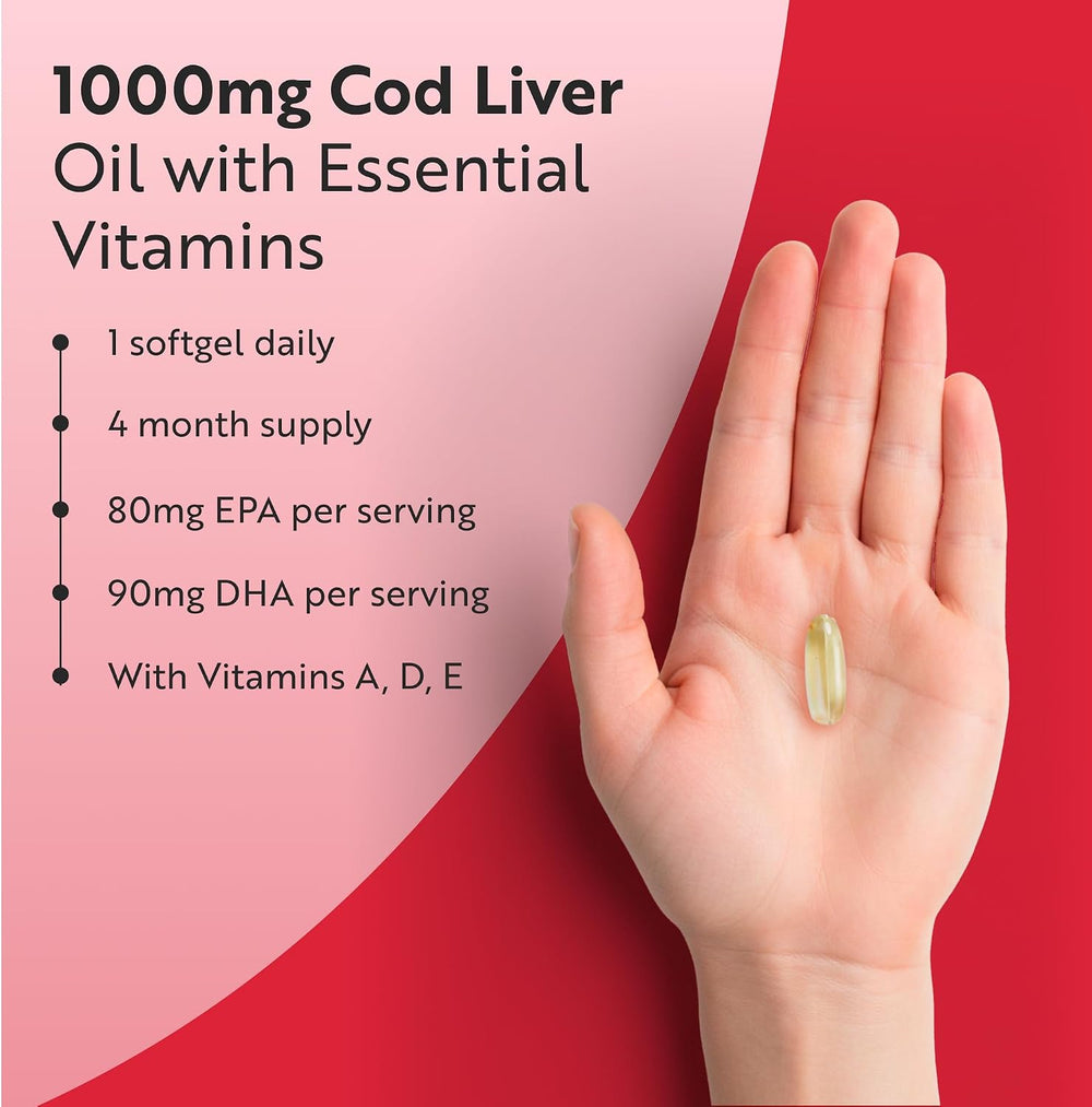 A hand holding a single softgel capsule of cod liver oil, set against a split pink and red background with text detailing product benefits and ingredients.