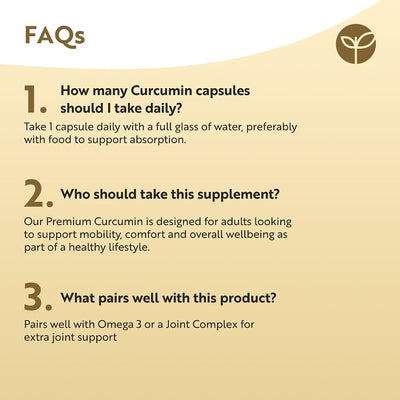 An informational FAQ graphic on a warm beige background with the heading 'FAQs' and three numbered questions about curcumin capsule dosage, target users, and pairing with Omega 3 or a Joint Complex.